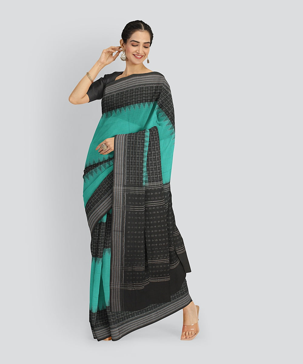 Sky Blue Black Cotton Handwoven Sambalpuri Saree