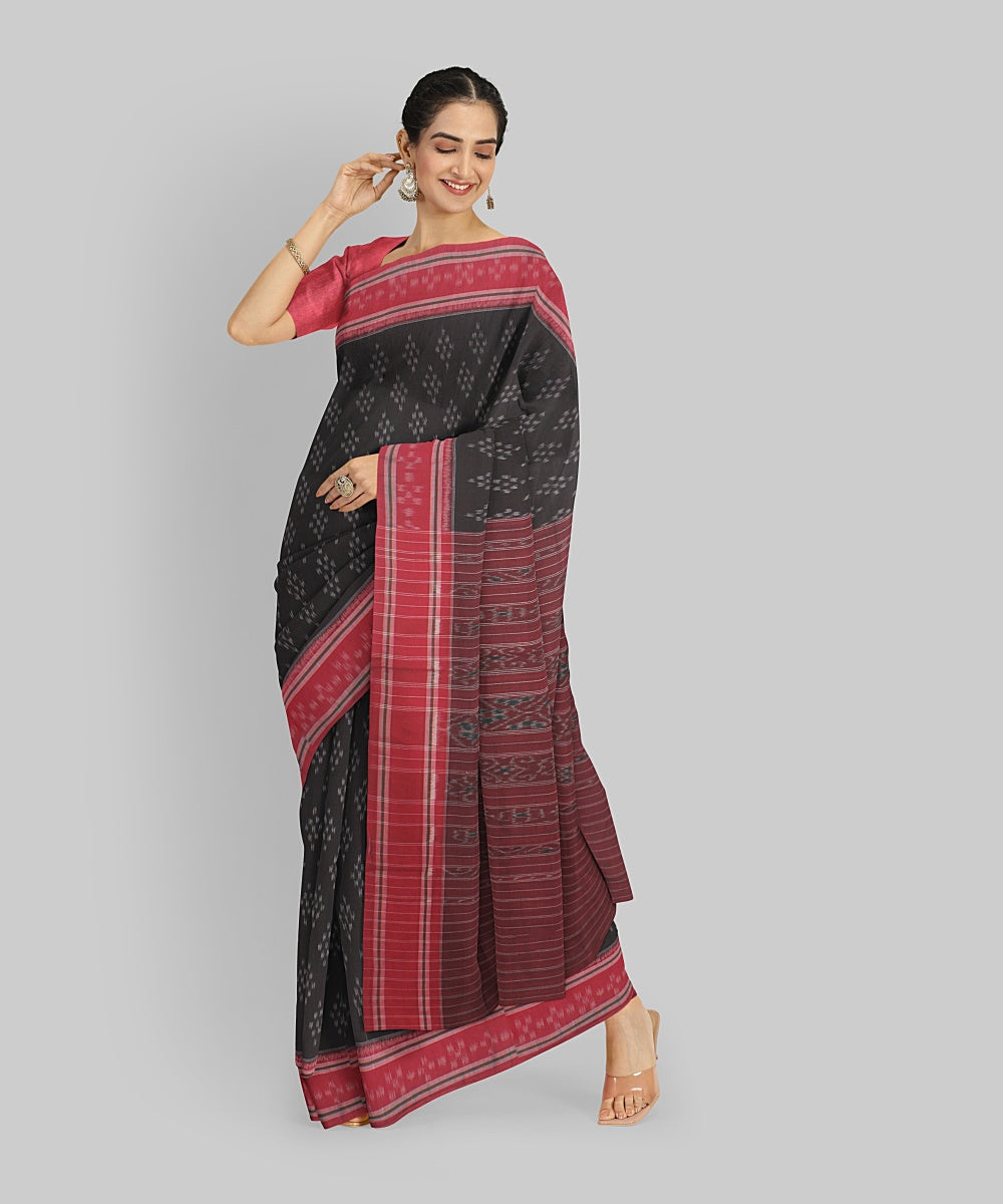 Black Red Cotton Handwoven Sambalpuri Saree