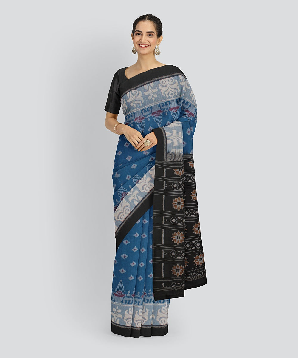 Sky Blue Black Cotton Handwoven Sambalpuri Saree