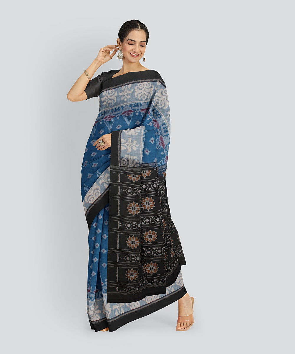Sky Blue Black Cotton Handwoven Sambalpuri Saree