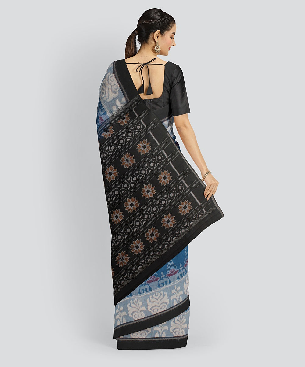Sky Blue Black Cotton Handwoven Sambalpuri Saree