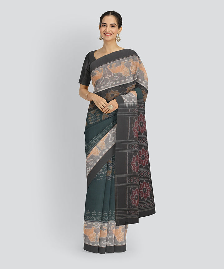 Dark Green grey Cotton Handwoven Sambalpuri Saree
