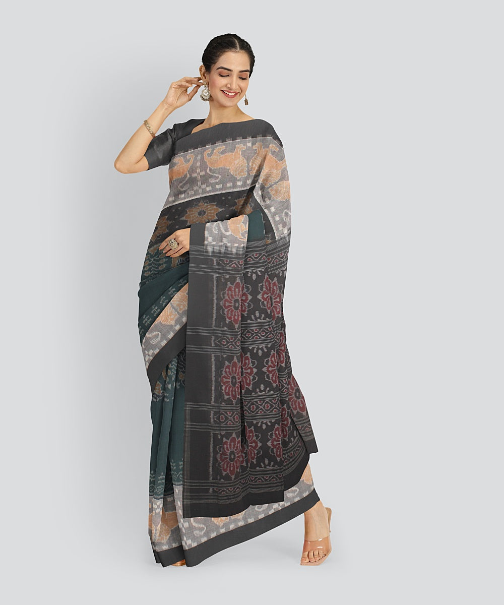 Dark Green grey Cotton Handwoven Sambalpuri Saree