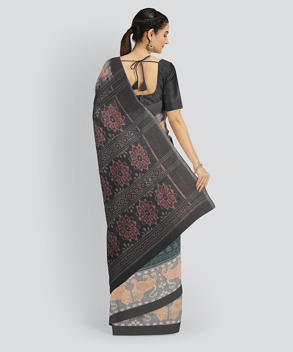 Dark Green grey Cotton Handwoven Sambalpuri Saree