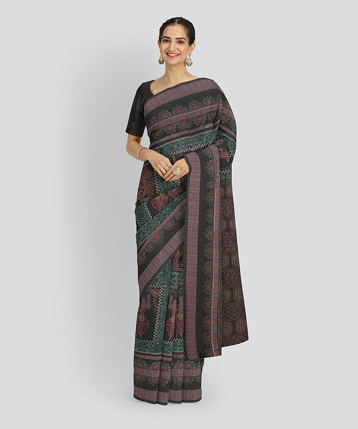 Dark Green Black Cotton Handwoven Sambalpuri Saree