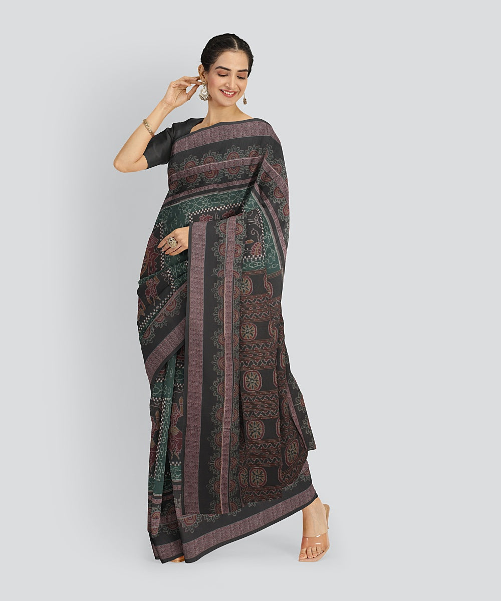 Dark Green Black Cotton Handwoven Sambalpuri Saree