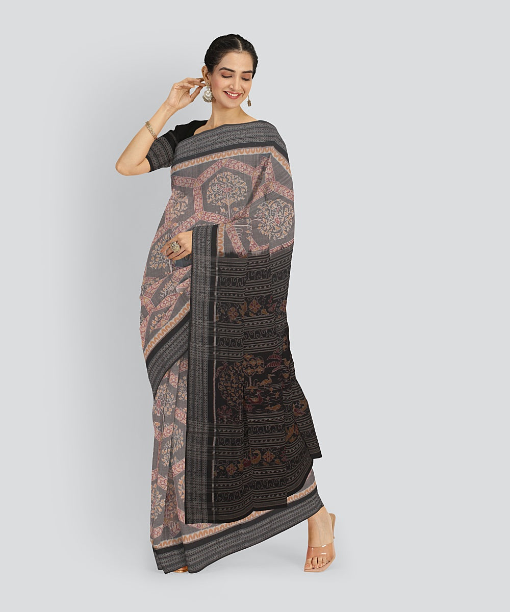 Grey Black Cotton Handwoven Sambalpuri Saree