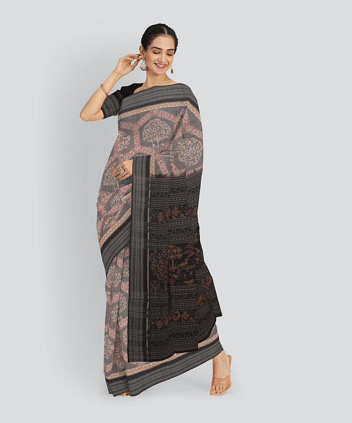 Grey Black Cotton Handwoven Sambalpuri Saree