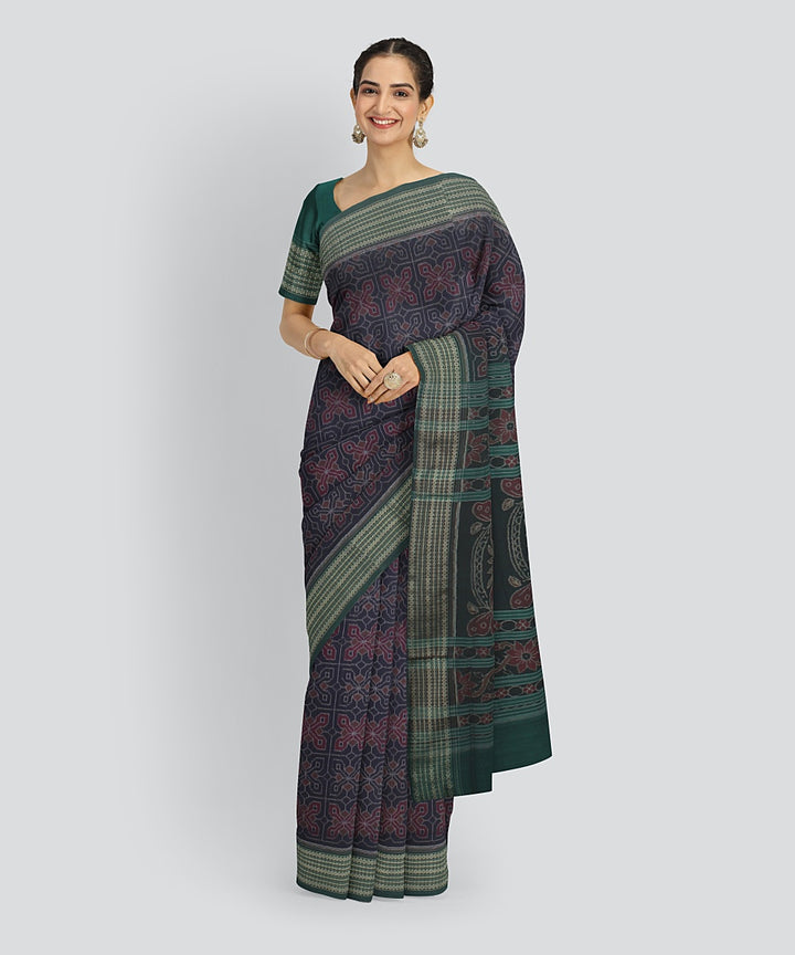 Navy Blue Green Cotton Handwoven Sambalpuri Saree