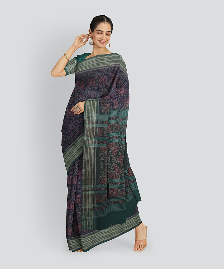Navy Blue Green Cotton Handwoven Sambalpuri Saree