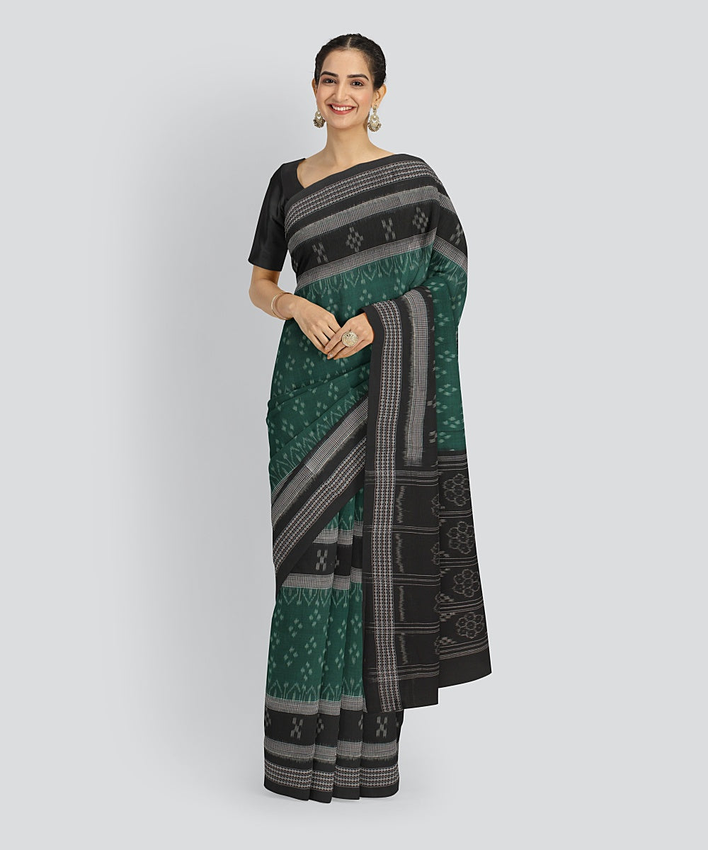 Dark Green Black Cotton Handwoven Sambalpuri Saree