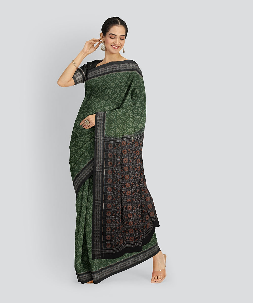 Olive Green Black Cotton Handwoven Sambalpuri Saree