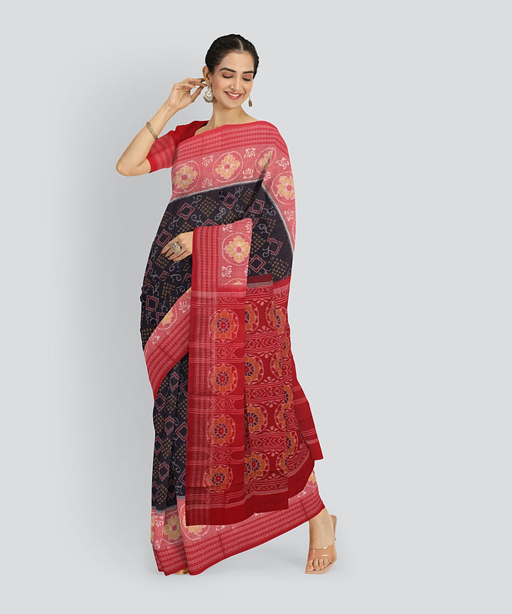 Navy Blue Red Cotton Handwoven Sambalpuri Saree