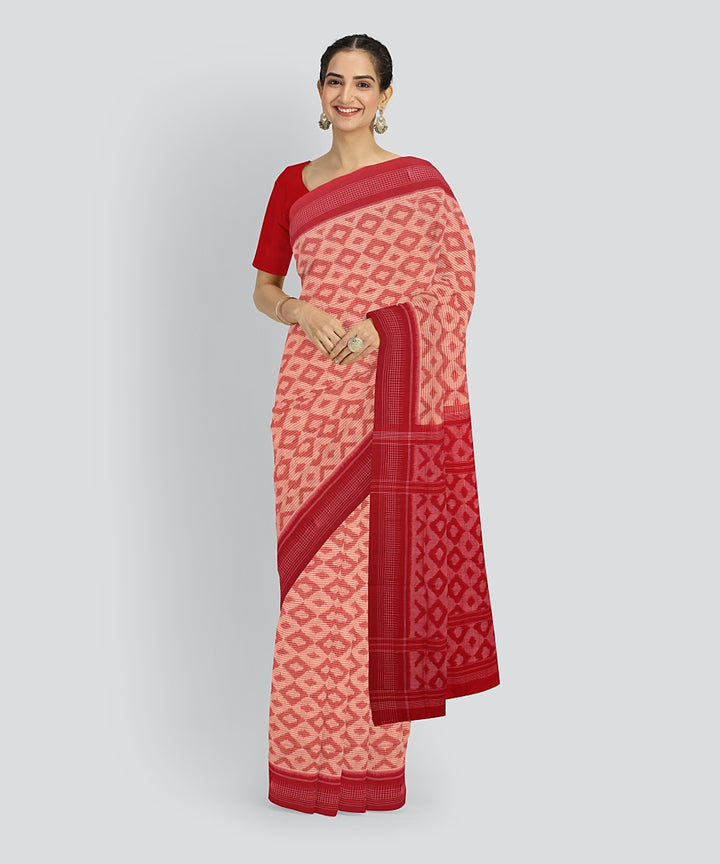 Peach Red Cotton Handwoven Sambalpuri Saree