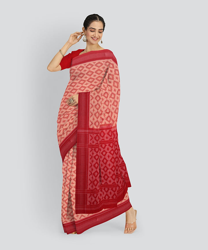 Peach Red Cotton Handwoven Sambalpuri Saree
