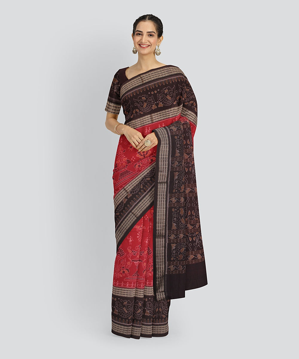 Red Coffee Cotton Handwoven Sambalpuri Saree