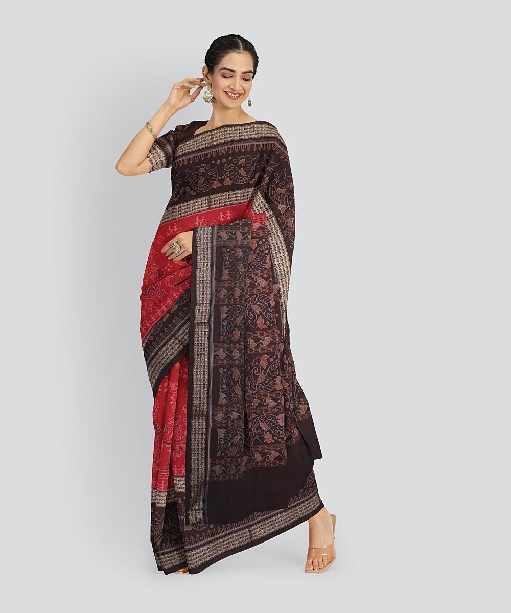 Red Coffee Cotton Handwoven Sambalpuri Saree
