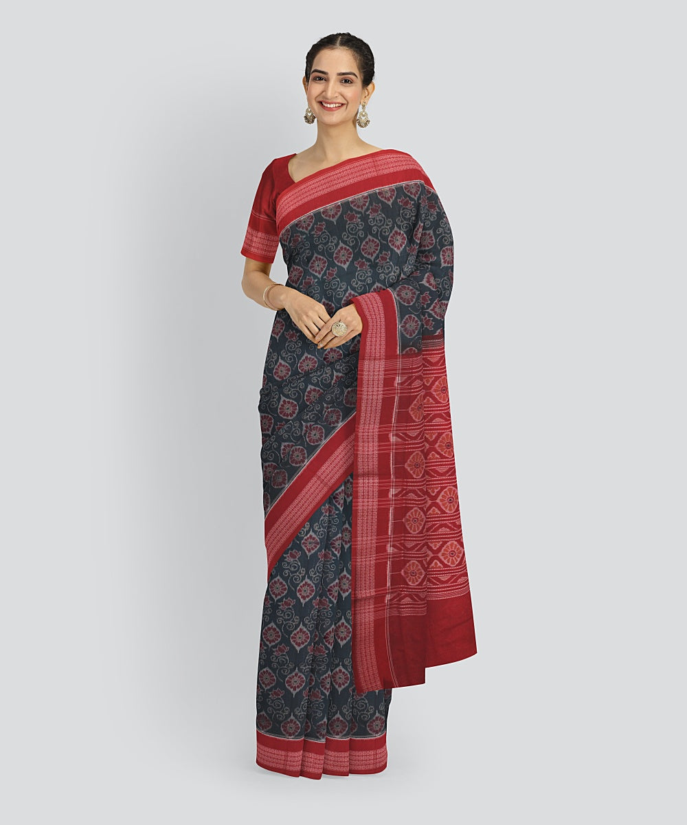 Teal Green Red Cotton Handwoven Sambalpuri Saree