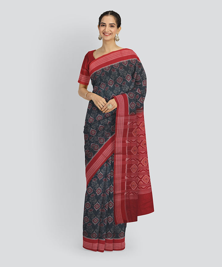 Teal Green Red Cotton Handwoven Sambalpuri Saree