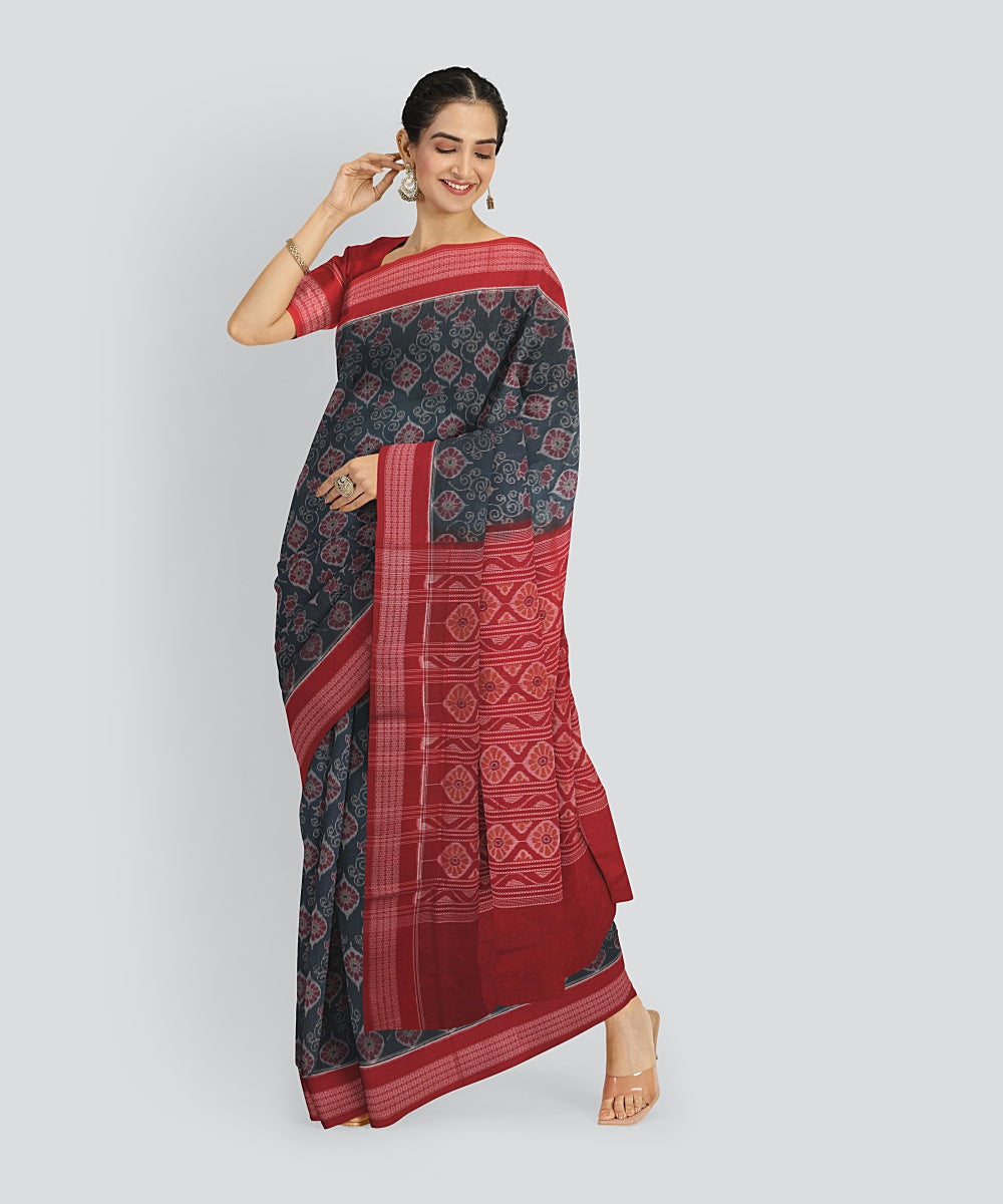 Teal Green Red Cotton Handwoven Sambalpuri Saree