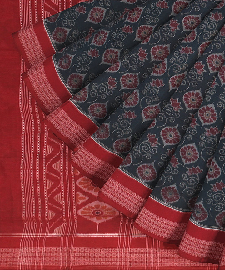 Teal Green Red Cotton Handwoven Sambalpuri Saree