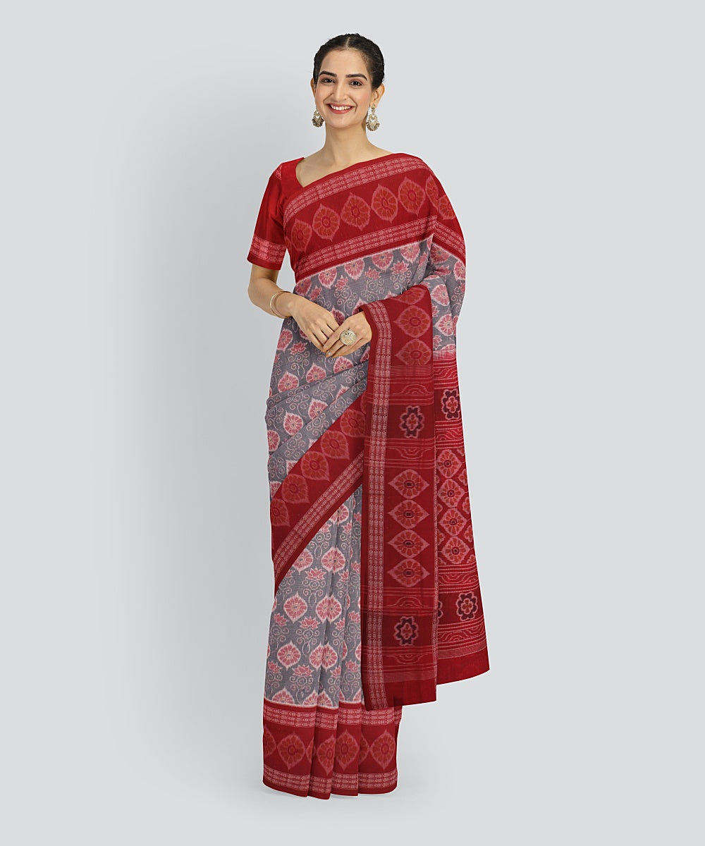 Grey Red Cotton Handwoven Sambalpuri Saree