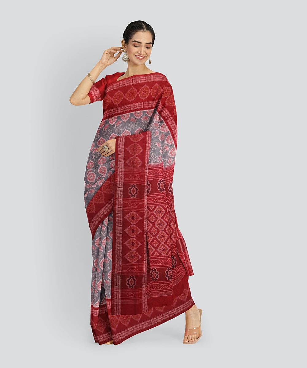 Grey Red Cotton Handwoven Sambalpuri Saree