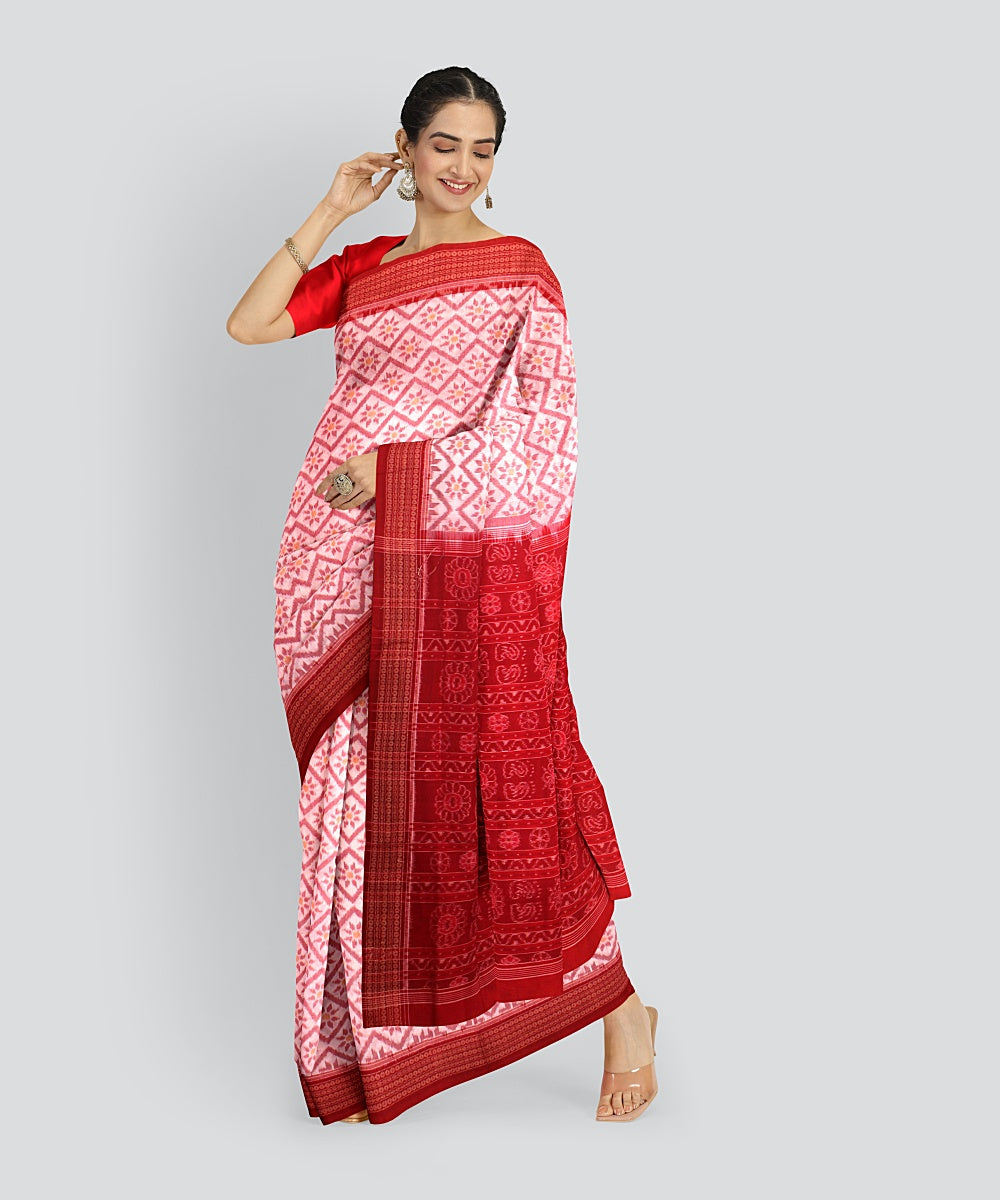 White Red Cotton Handwoven Sambalpuri Saree