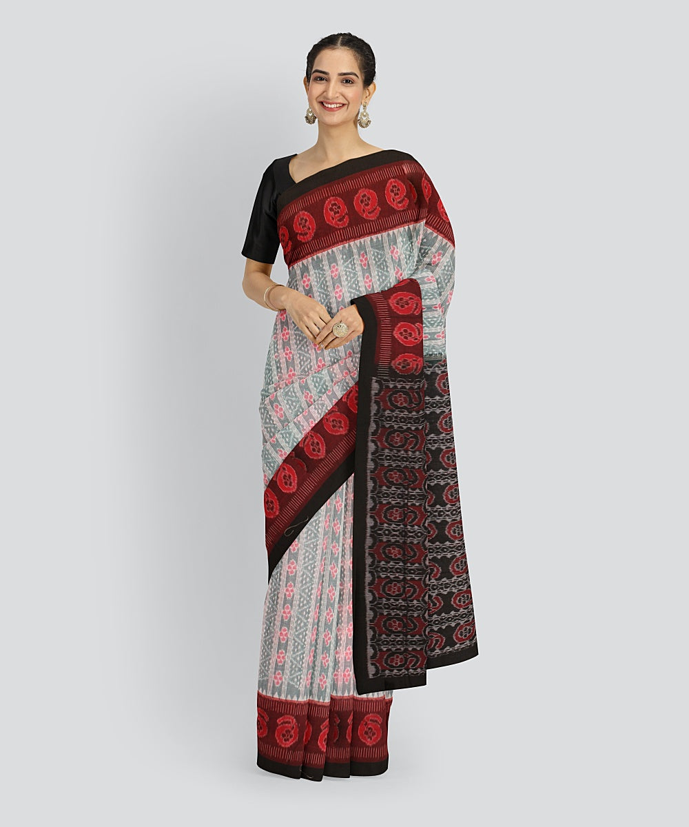 Grey Maroon Cotton Handwoven Sambalpuri Saree