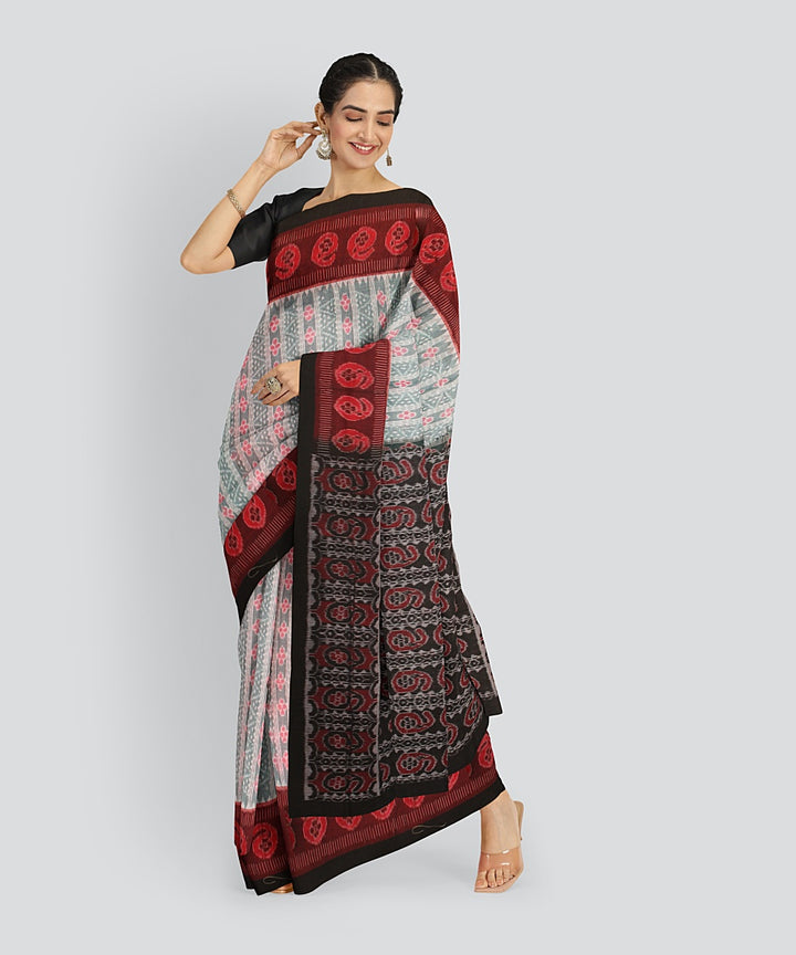 Grey Maroon Cotton Handwoven Sambalpuri Saree
