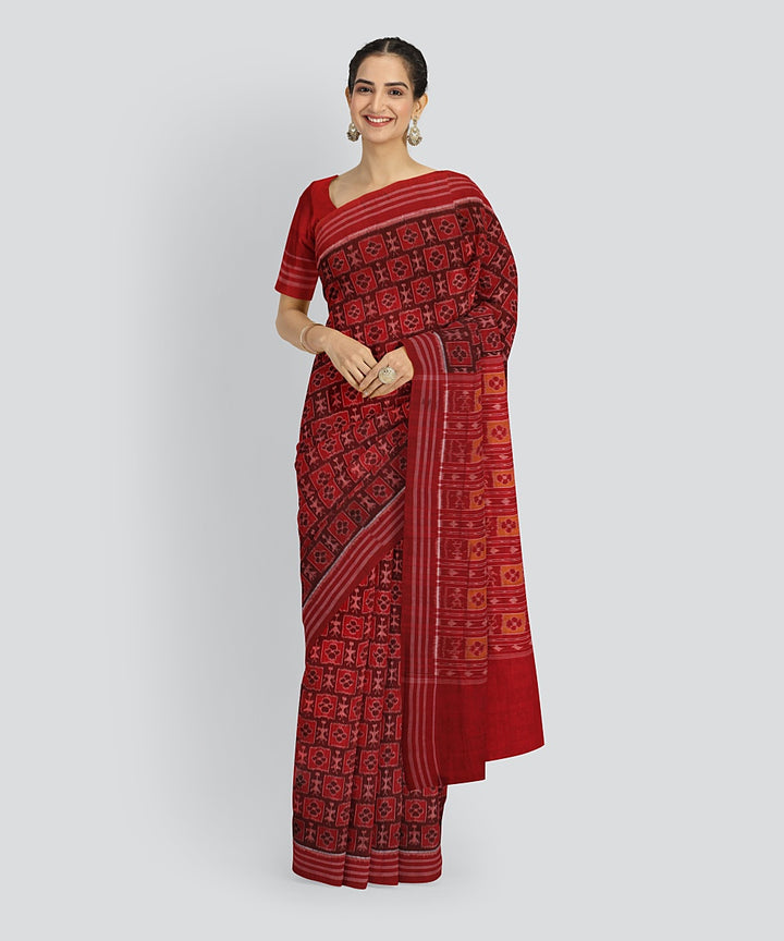 Maroon Red Cotton Handwoven Sambalpuri Saree