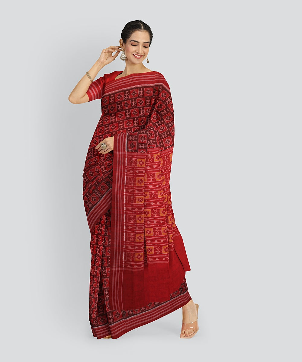 Maroon Red Cotton Handwoven Sambalpuri Saree