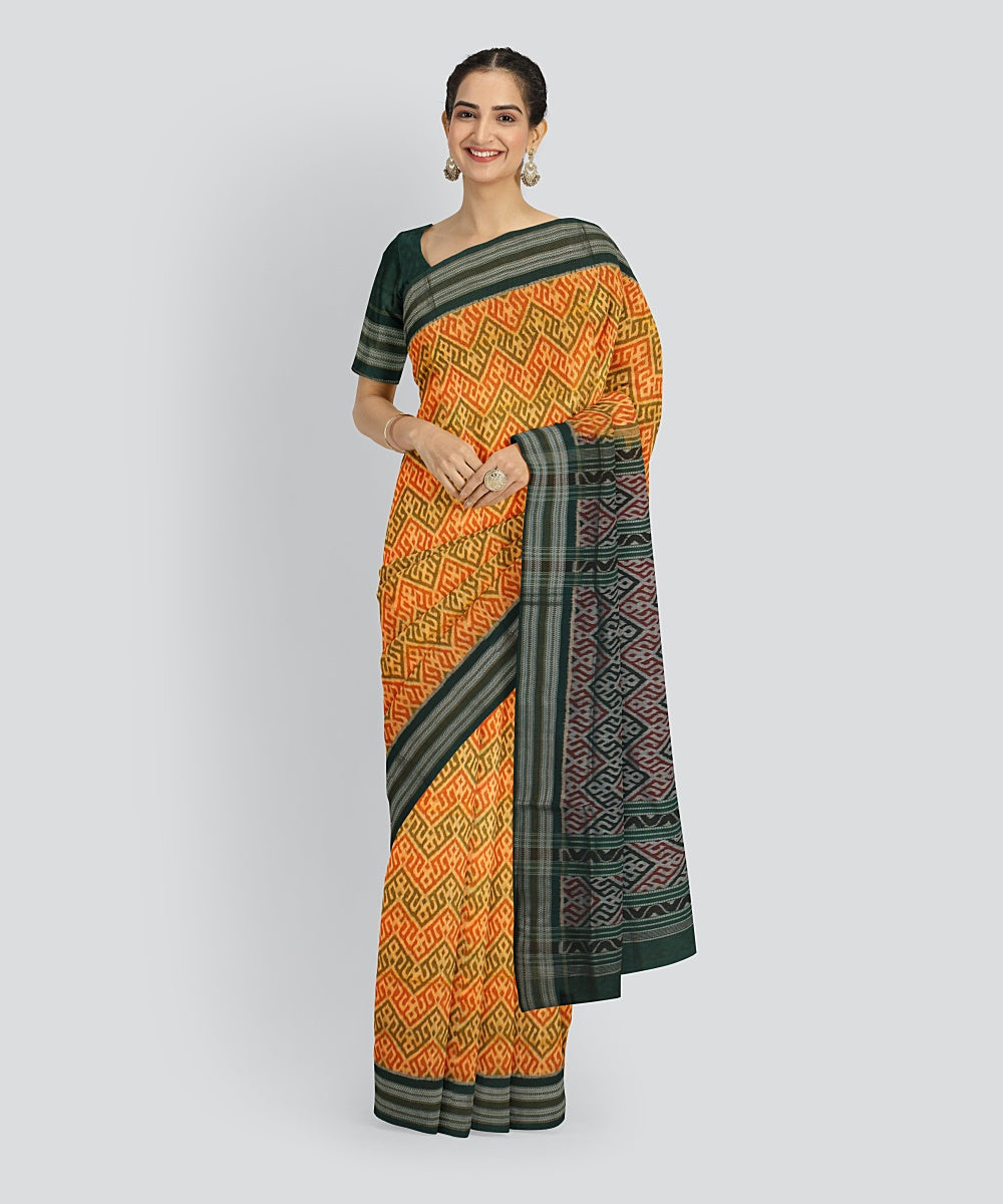 Yellow Green Cotton Handwoven Sambalpuri Saree