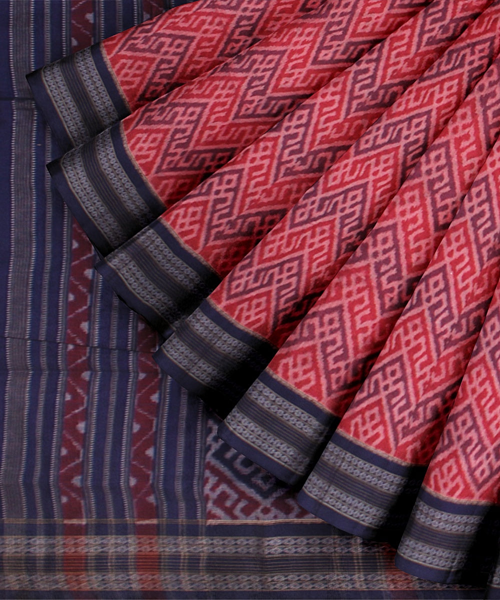 Pink Blue Cotton Handwoven Sambalpuri Saree