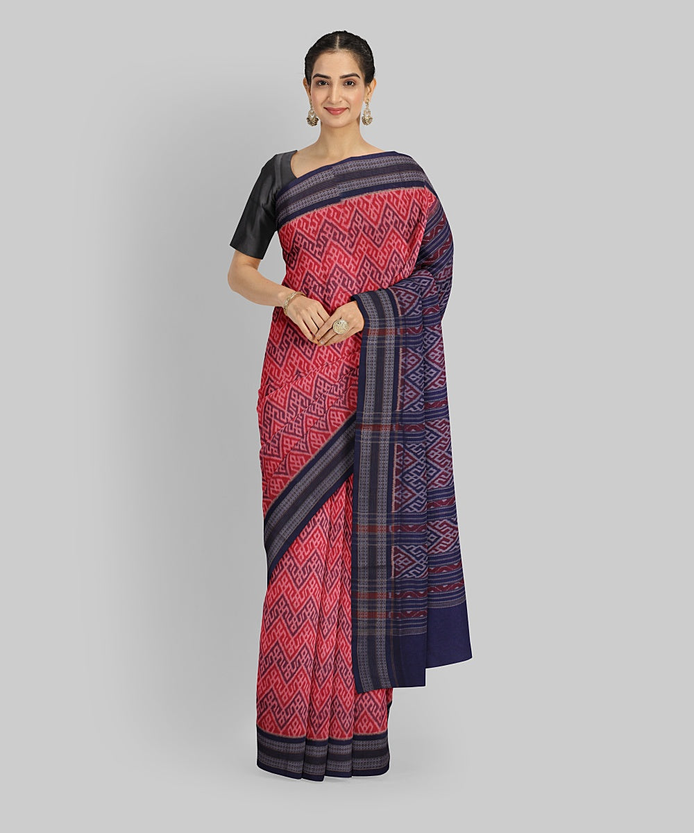 Pink Blue Cotton Handwoven Sambalpuri Saree