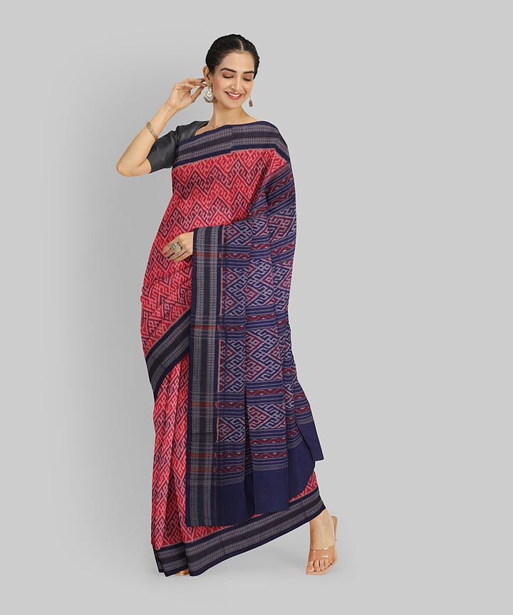Pink Blue Cotton Handwoven Sambalpuri Saree