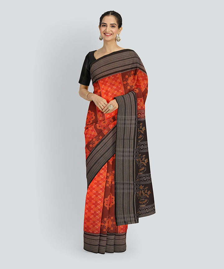 Orange Black Cotton Handwoven Sambalpuri Saree