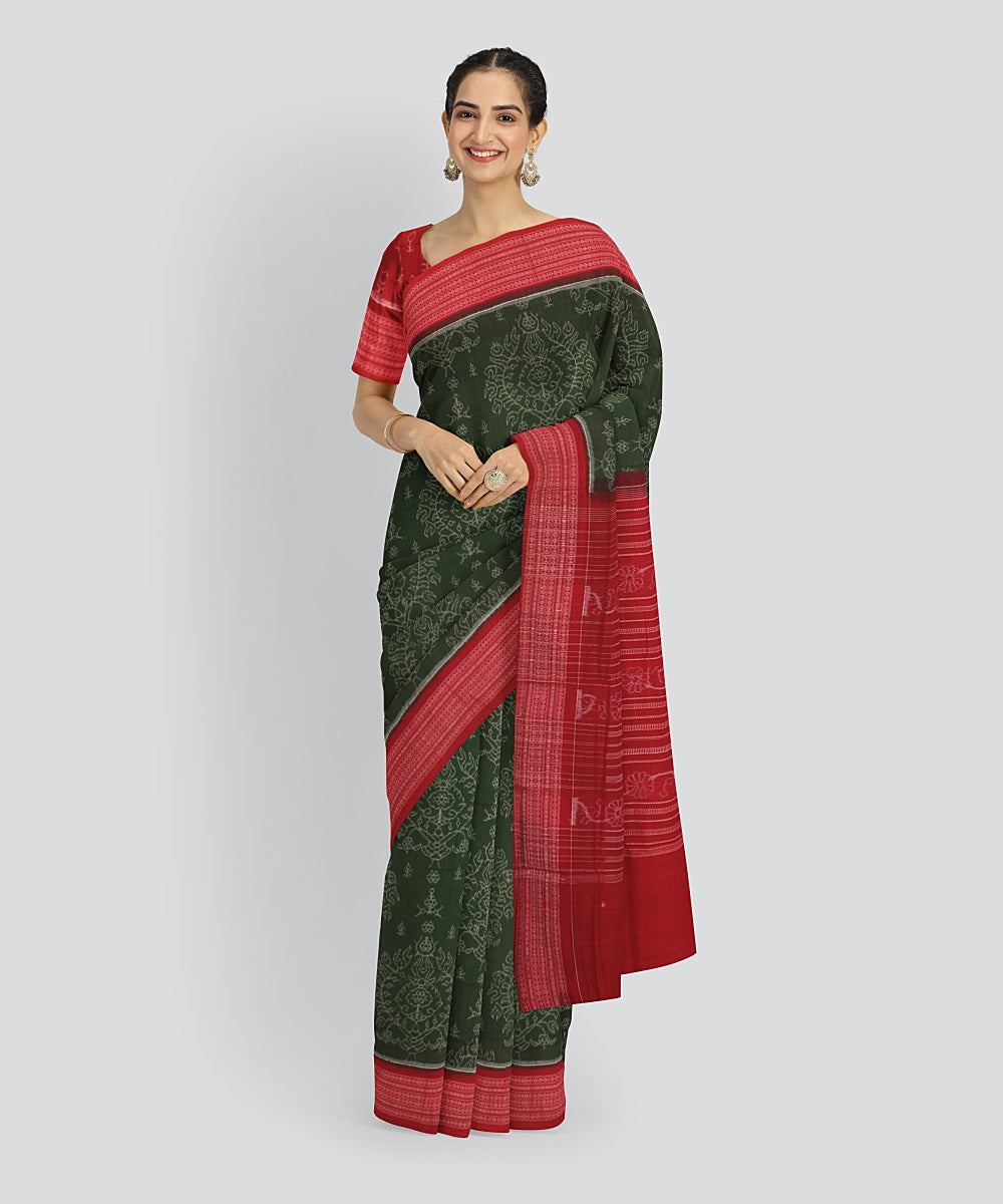 Cyan Green Red Cotton Handwoven Sambalpuri Saree