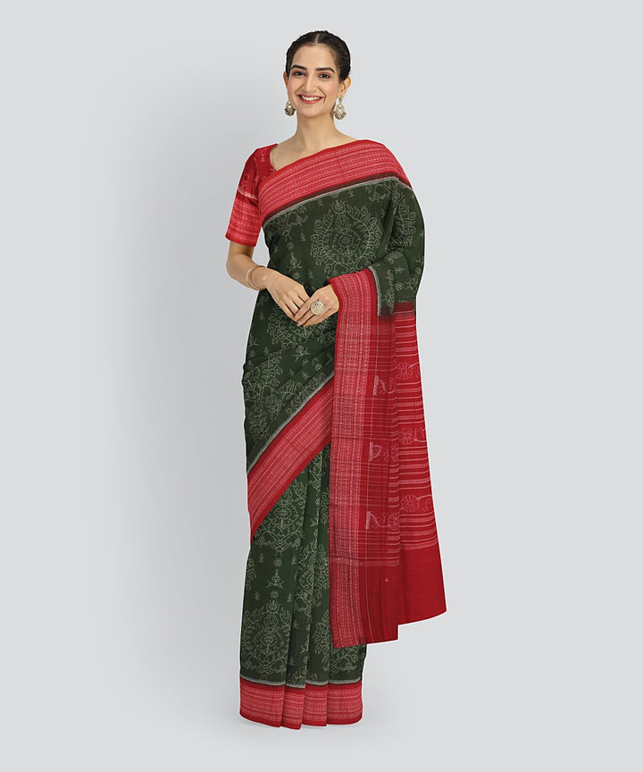 Cyan Green Red Cotton Handwoven Sambalpuri Saree