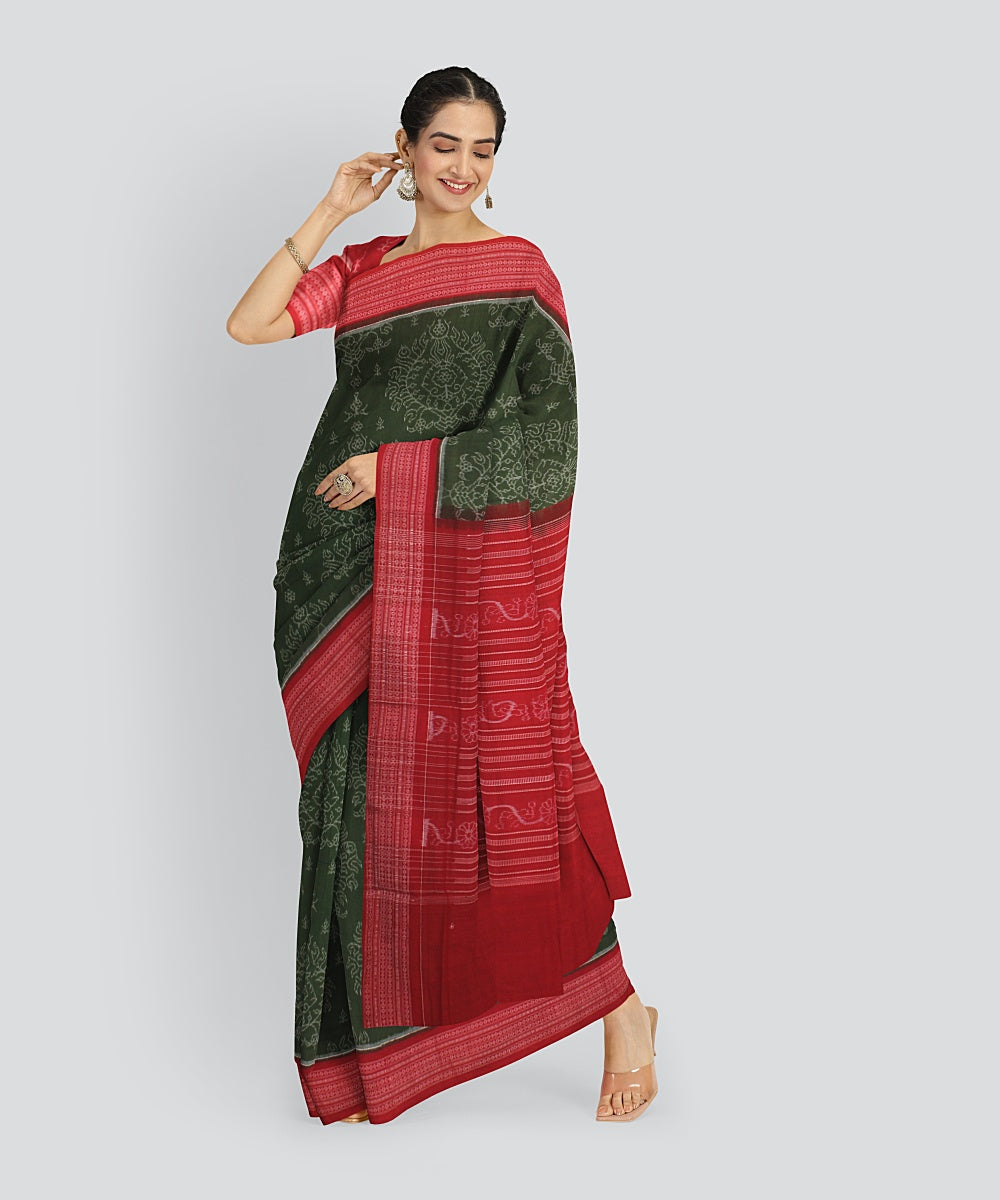 Cyan Green Red Cotton Handwoven Sambalpuri Saree