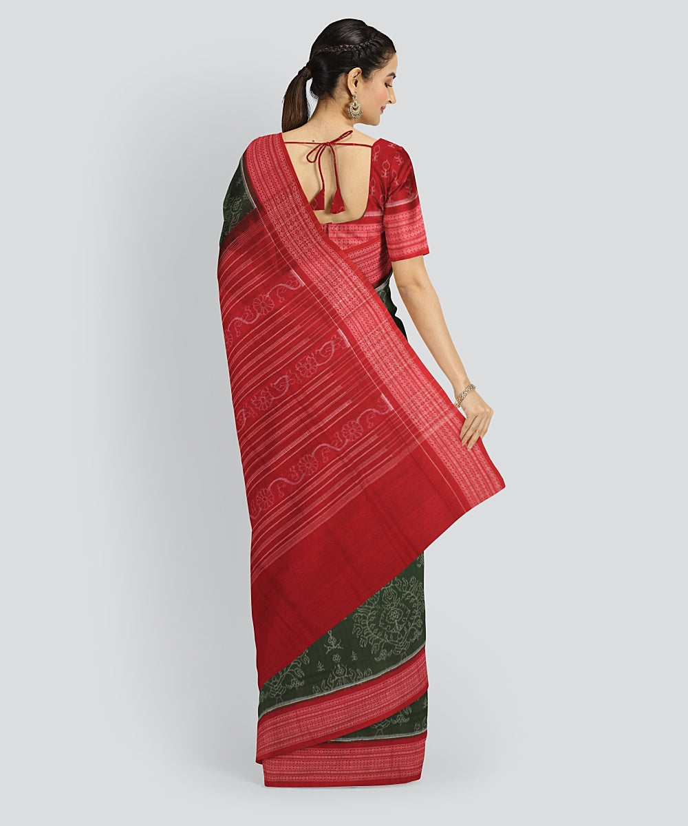 Cyan Green Red Cotton Handwoven Sambalpuri Saree