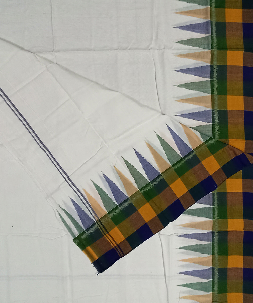 White yellow green border handwoven cotton sambalpuri dhoti