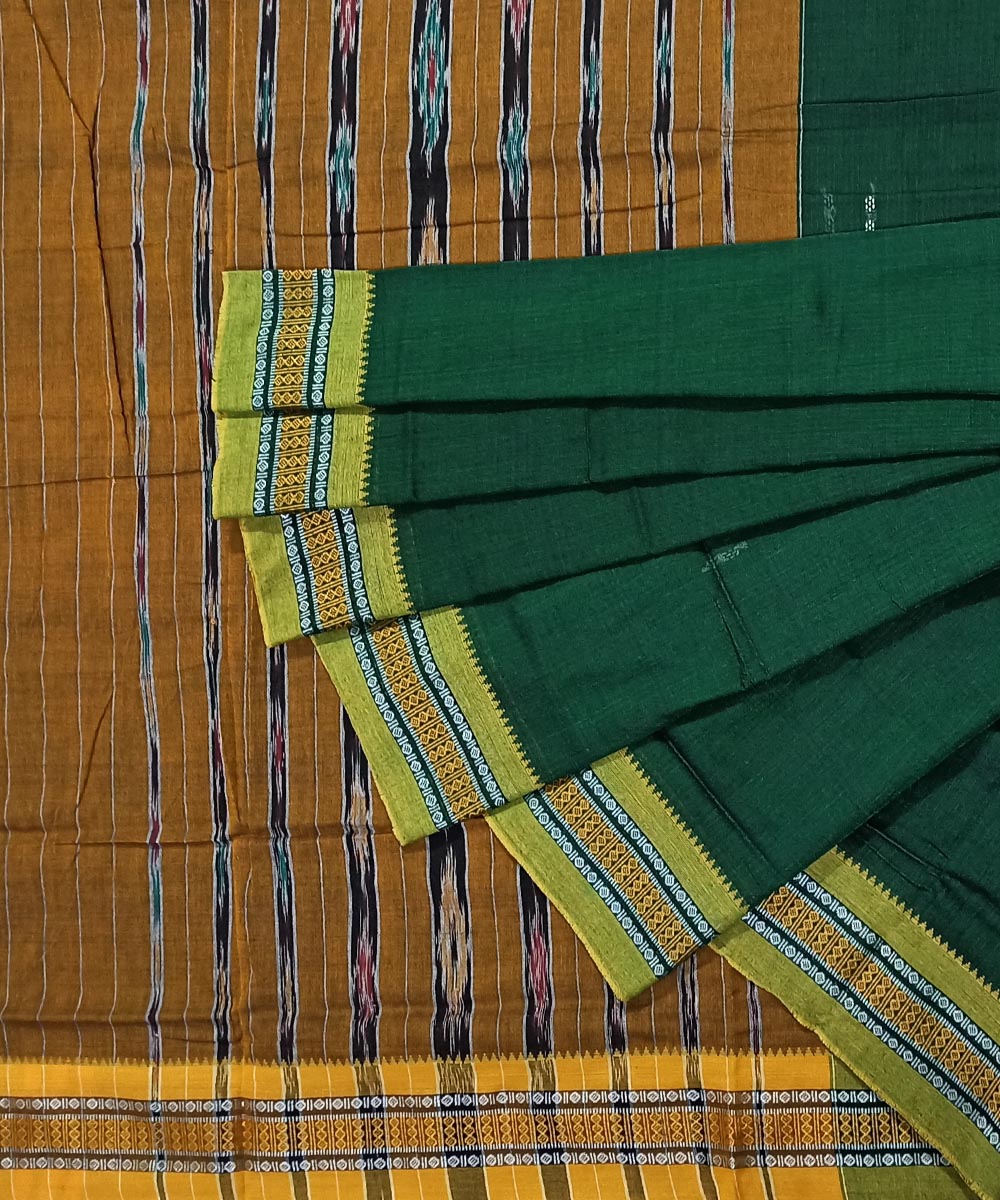 Dark green mustard cotton handloom nuapatna saree
