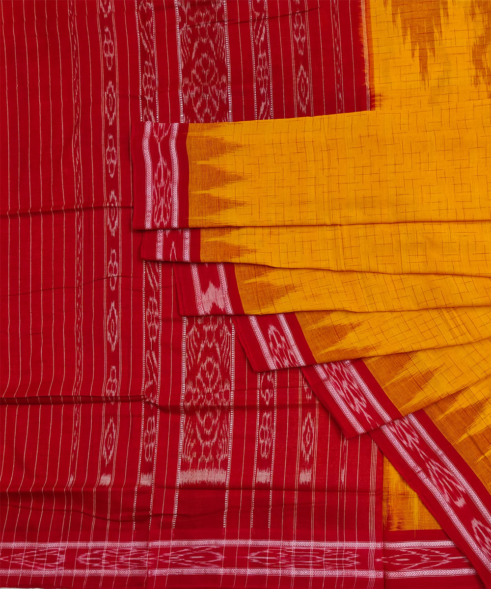 Yellow red Cotton Handwoven Nuapatna Saree