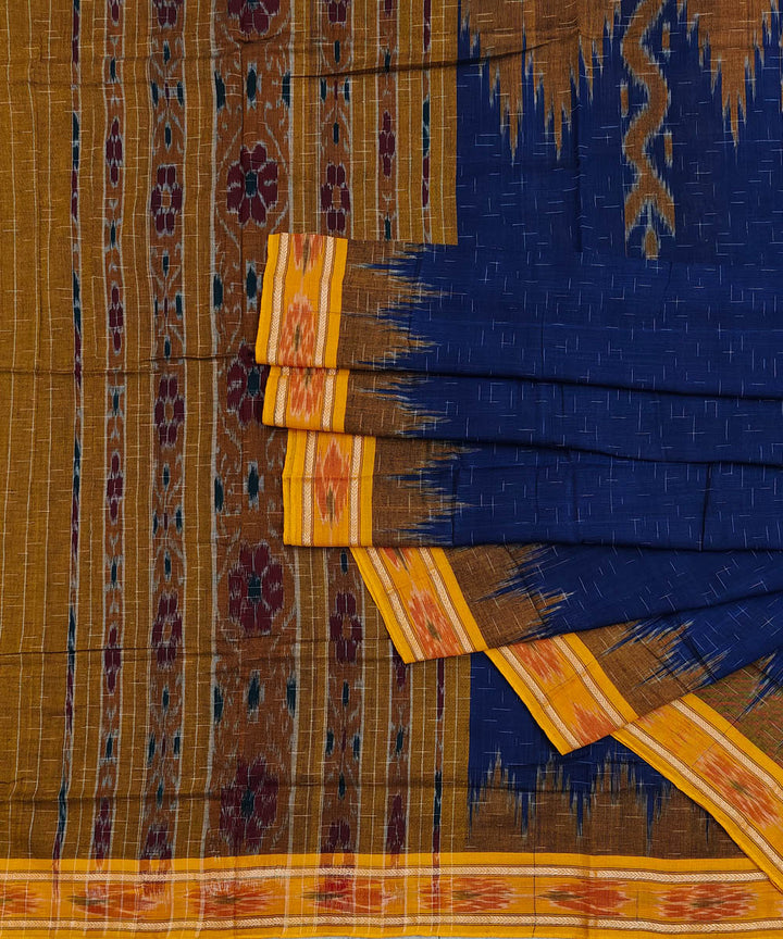 Navy Blue yellow Cotton Handwoven Nuapatna Saree