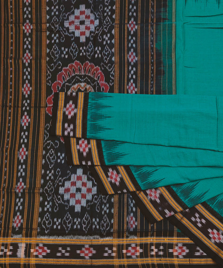 Cyan Green black Cotton Handwoven Nuapatna Saree