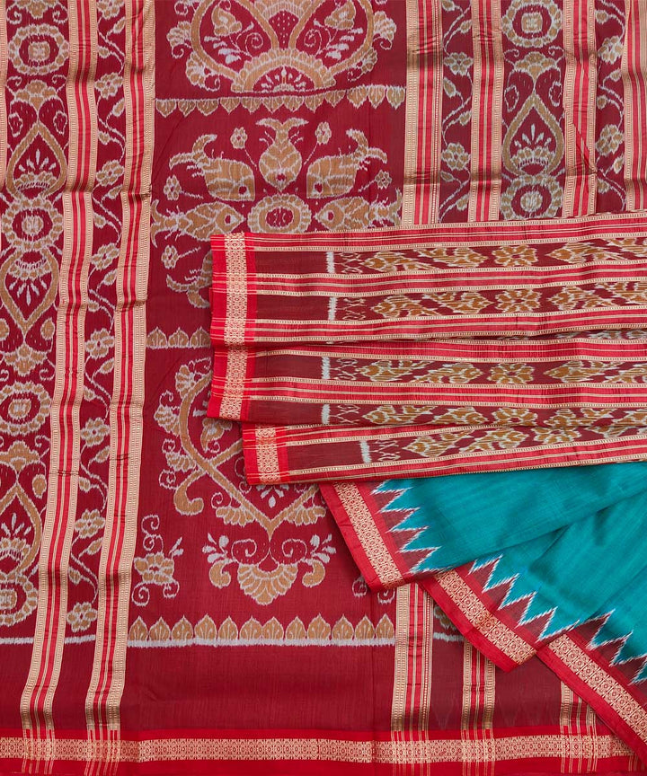 Cyan Blue maroon Silk Handwoven Khandua Saree