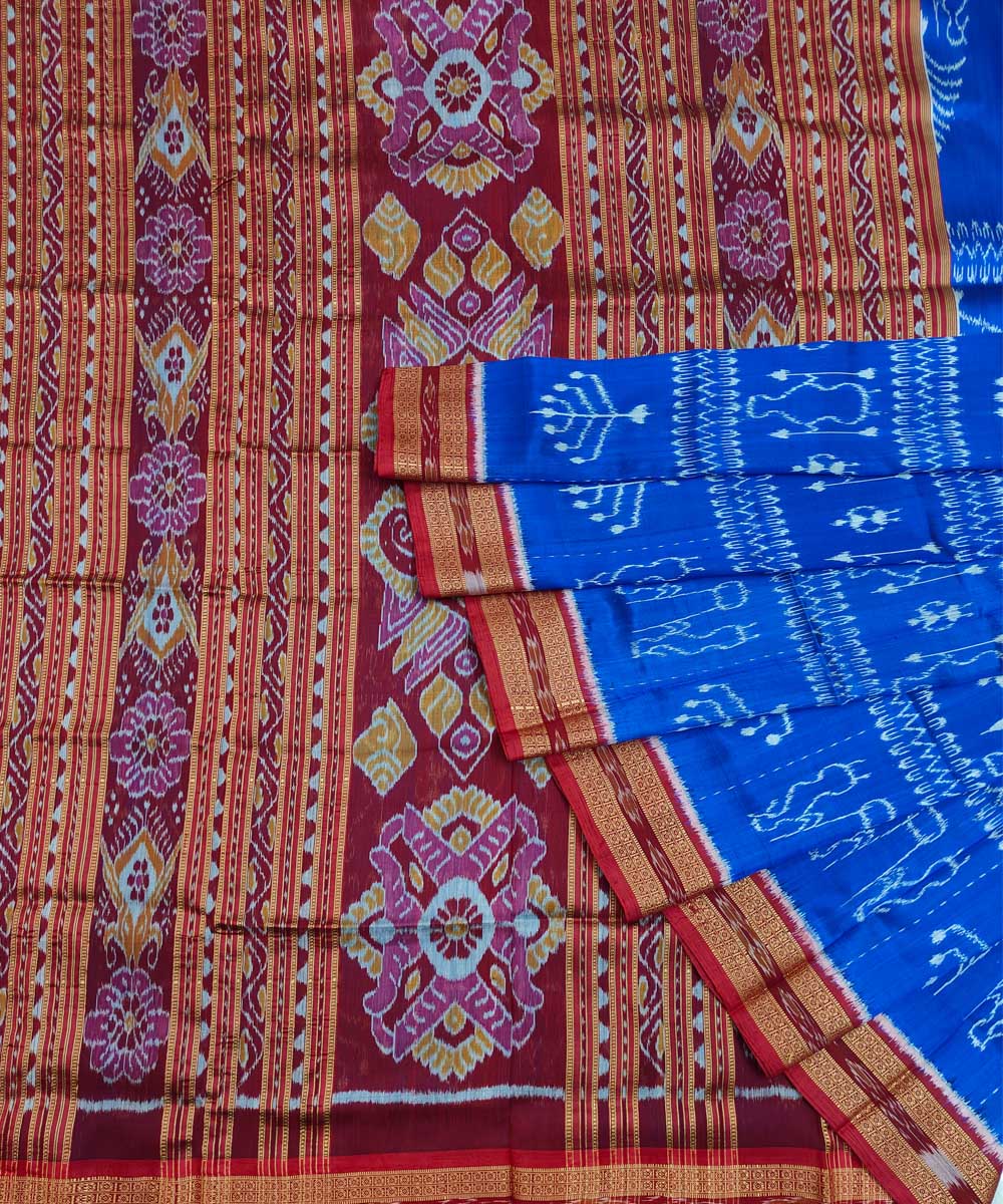 Royal blue red cotton silk handloom khandua saree