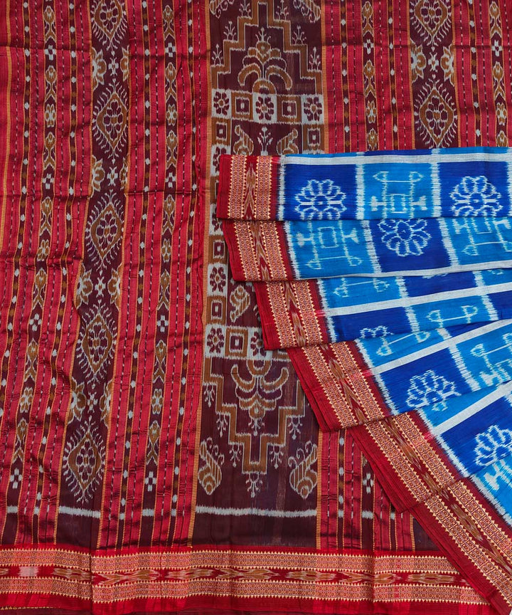 Blue red cotton silk khandua handwoven saree