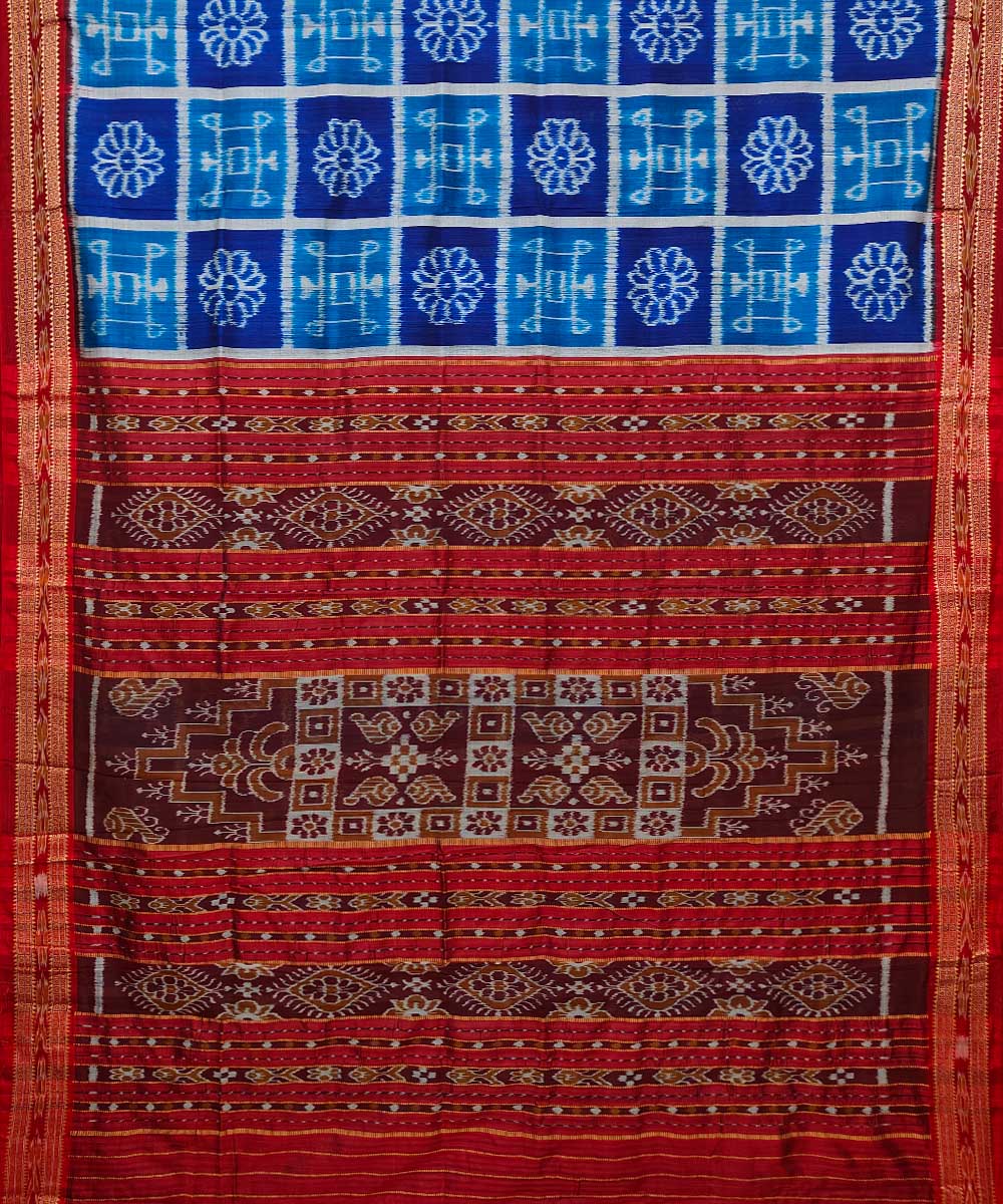 Blue red cotton silk khandua handwoven saree